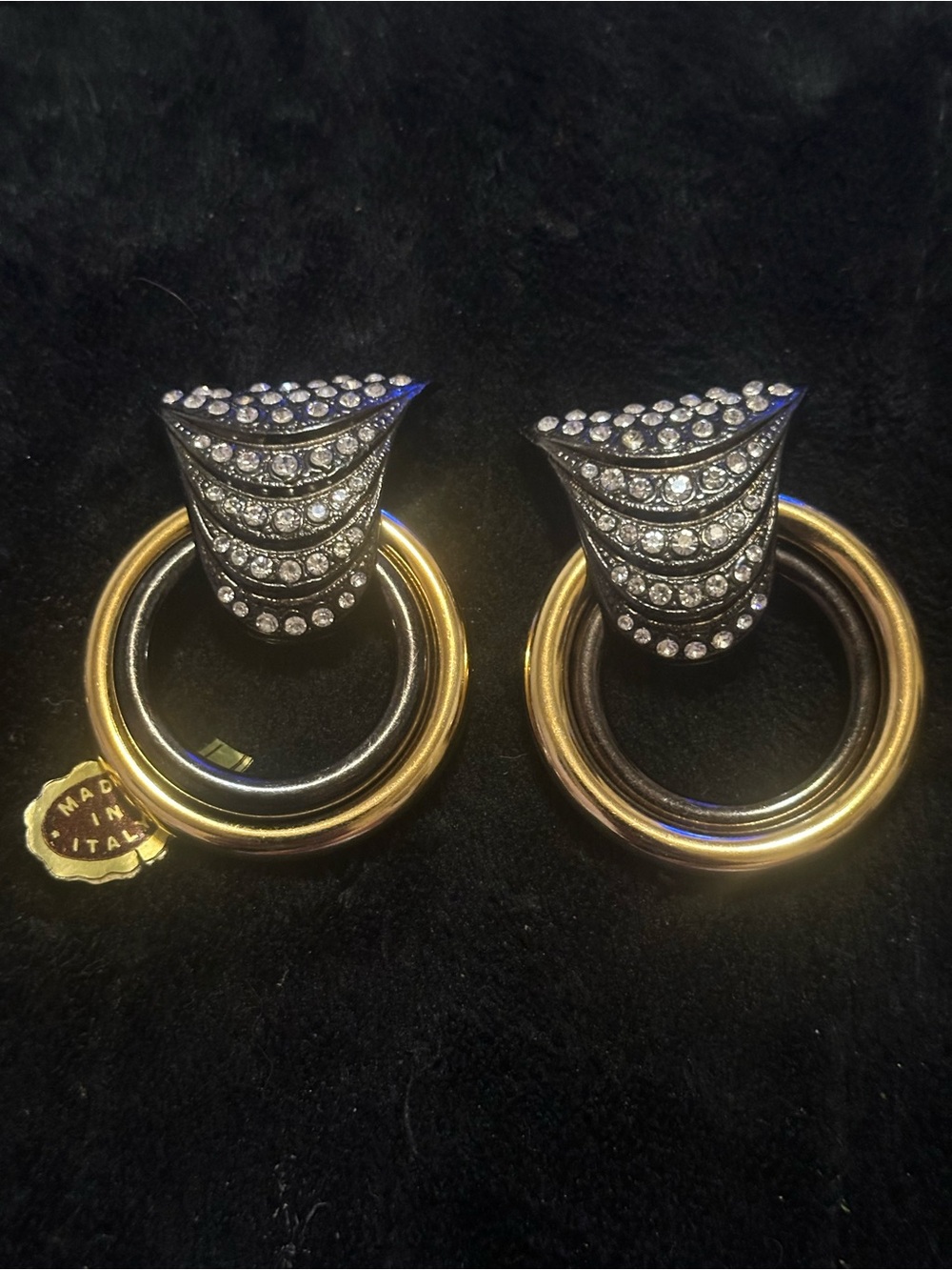 Crystal-Embellished Black w/ Gold Hoop Earrings CLIP ON /Made in Italy STUNNING
